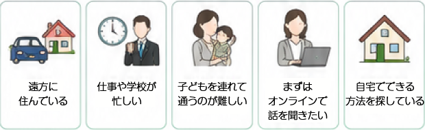 遠方に住んでいる 仕事や学校が忙しい 子供を連れて通うのが難しい まずはオンラインで話を聞きたい 自宅でできる方法を探している