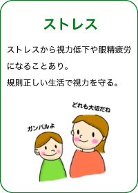 ストレス ストレスから視力低下や眼精疲労になることあり。 規則正しい生活で視力を守る。